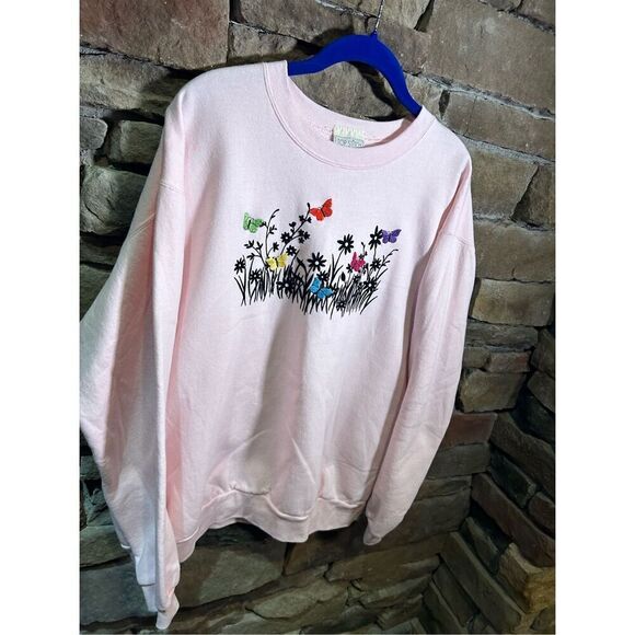 Women’s XL - Pink Flower Beautiful Nature Embroidered Crewneck Sweater - Picture 2 of 5